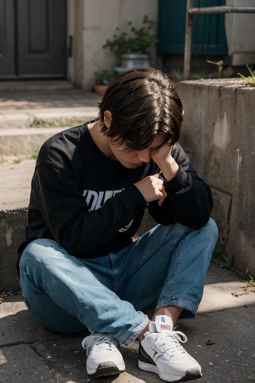 Create a logo that has a sitting depressed and the word Suemboy.