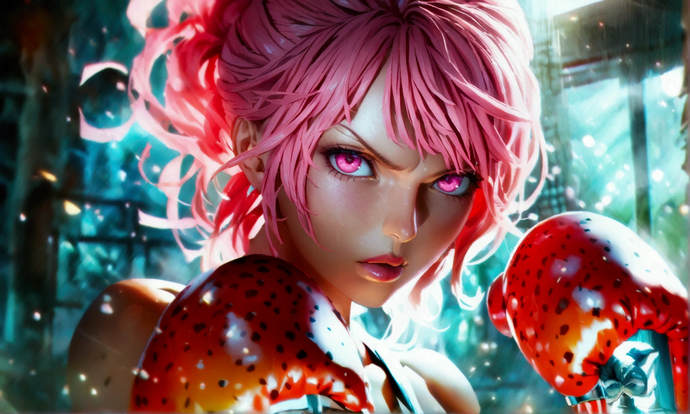 Female, big and muscular body, short pink hair, pink eyes, boxer outfit, serious expression, "Anime character design inspired by One Piece, full of dramatic and impressive lighting, focus on the centralized character, impressive face, full of creative details, ultra-fine 4K design, scenery bathed in creativity, boasting 2D anime resolution clarity, HD anime graphics, high-octane rendering"