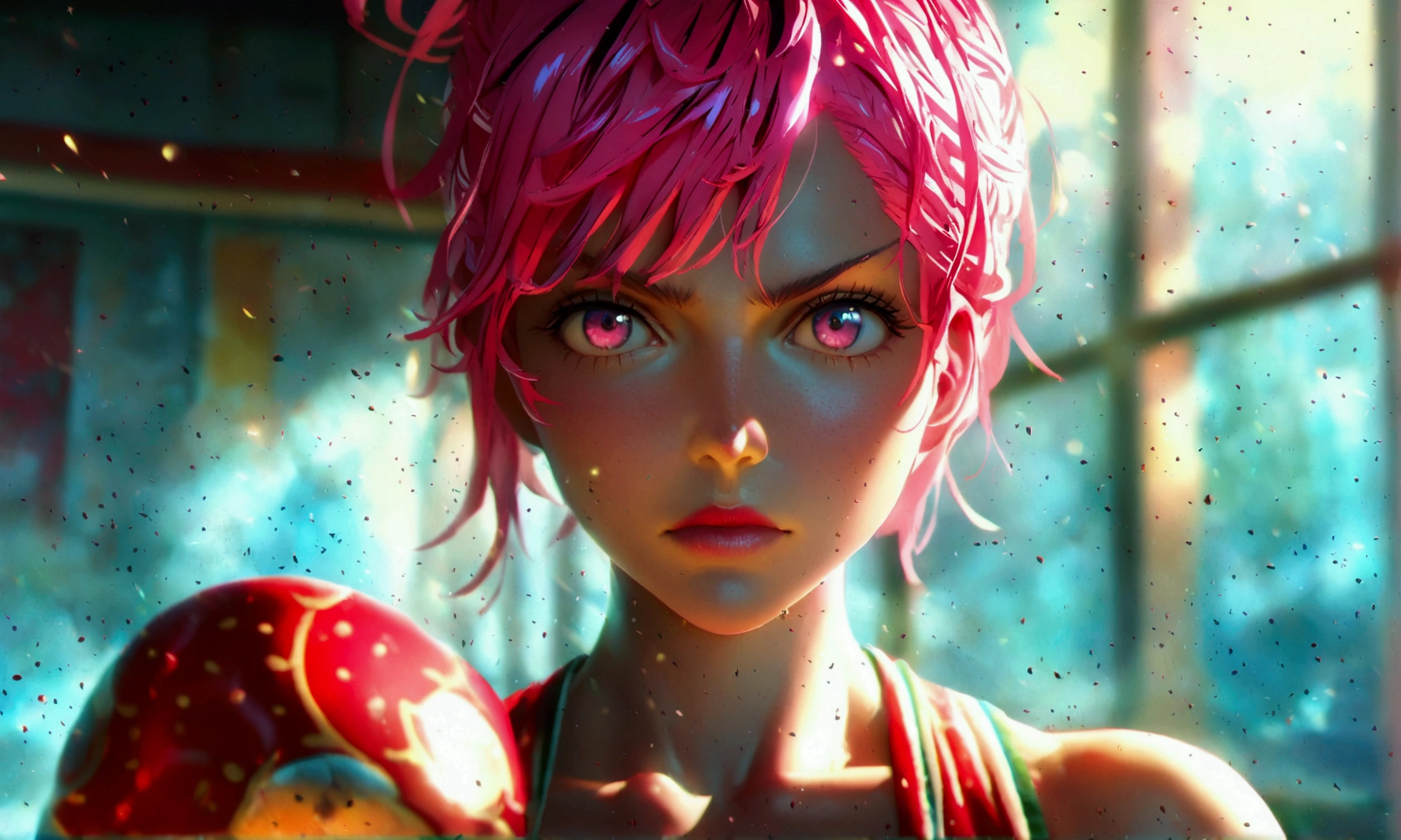 Female, big and muscular body, short pink hair, pink eyes, boxer outfit, serious expression, "Anime character design inspired by One Piece, full of dramatic and impressive lighting, focus on the centralized character, impressive face, full of creative details, ultra-fine 4K design, scenery bathed in creativity, boasting 2D anime resolution clarity, HD anime graphics, high-octane rendering"