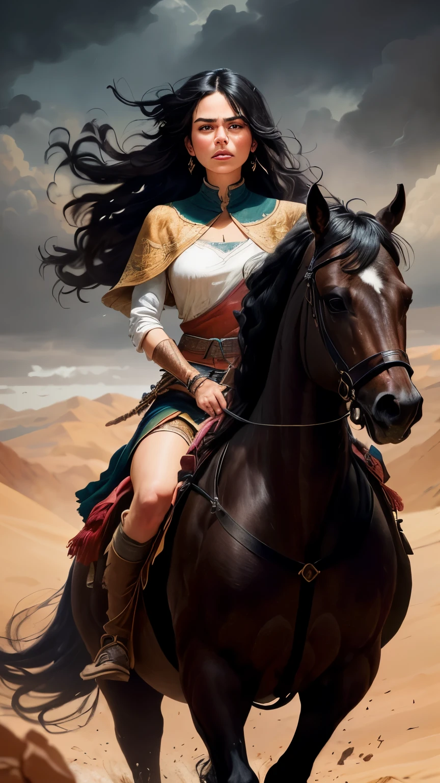 ((best quality)), ((masterpiece)), (detailed), A digital illustration of an injured young woman riding a dark black horse in the desert with a furious expression on her face, dressed in traditional warrior attire with long black hair flowing in the wind. the background is dark and stormy