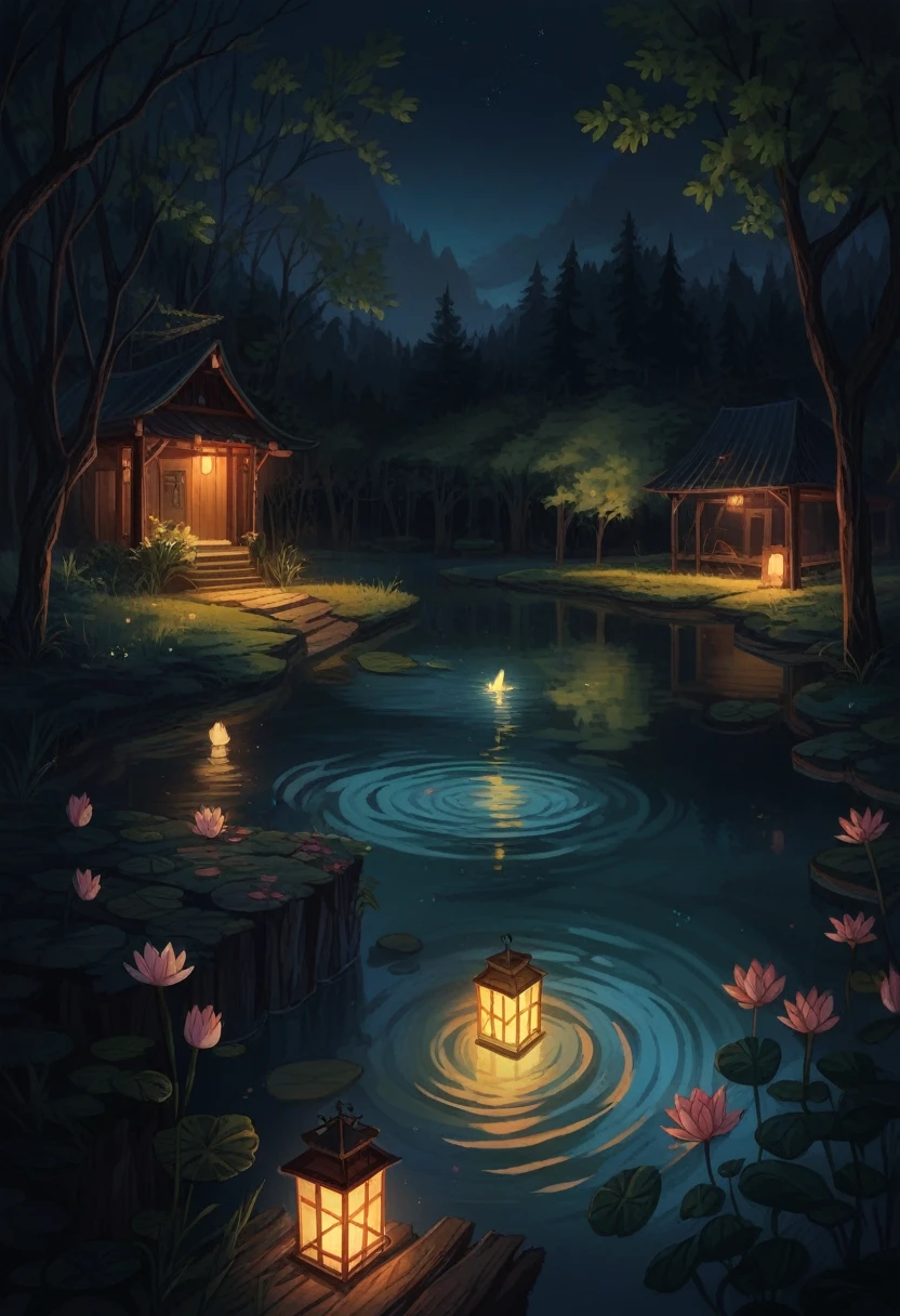 wide view, a dining setup under a shed, surrounded by lake, lotus flowers, in the woods, logs in lake, lanterns on lake, reflection, evening light, stones and pebbles, flowers on bushes, fairytale, fairylights, ripples, glow on foliage, bright volumetric light, peaceful scene, light shining on part of foliage, micro landscape, intrinsic details