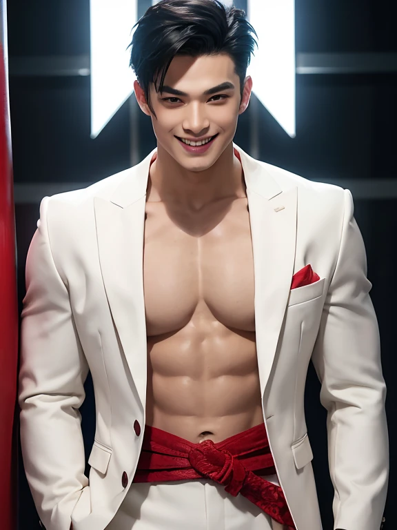 A man with black hair, pink highlights, black eyes, a handsome face, Full chest muscles, Buzz cut,Stylish short hair,a mischievous smile, eyebrow piercing, nose piercing, wearing a Spider-Man costume. Face looks like a Chinese man A little muscular sexy poses and hugged the neck of a tall man with white hair, red eyes, and a mischievous smile. Wear a white suit and have long hair. His face was handsome, tall, muscular, and smiling. He held a katana.