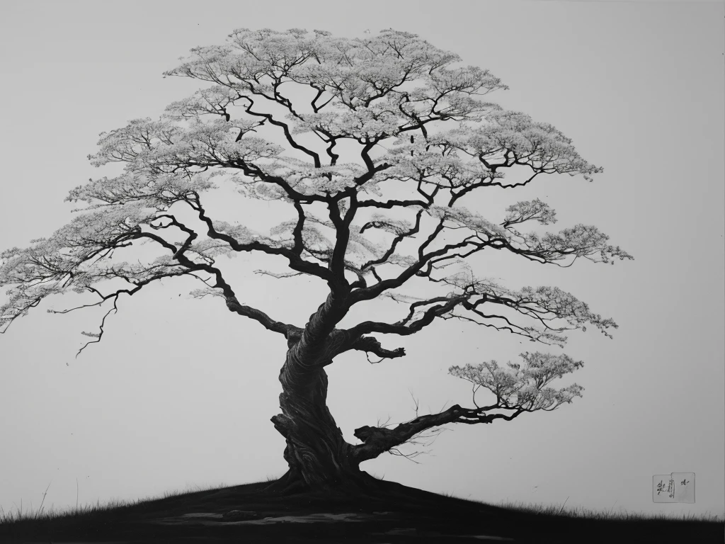 Penmanship,one black cerry blossom little tree,monochrome,old painting,white background,very far away,center