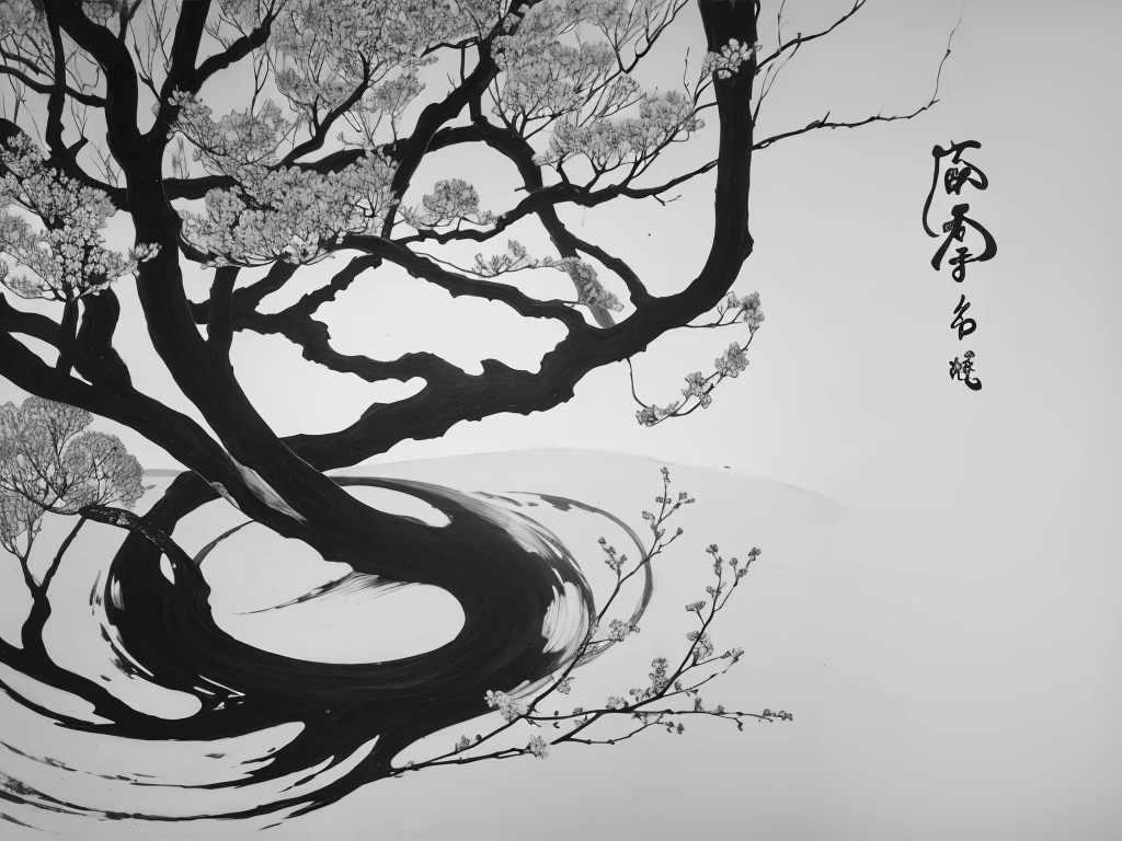 Penmanship,one black cerry blossom little tree,monochrome,old painting,white background,very far away,center