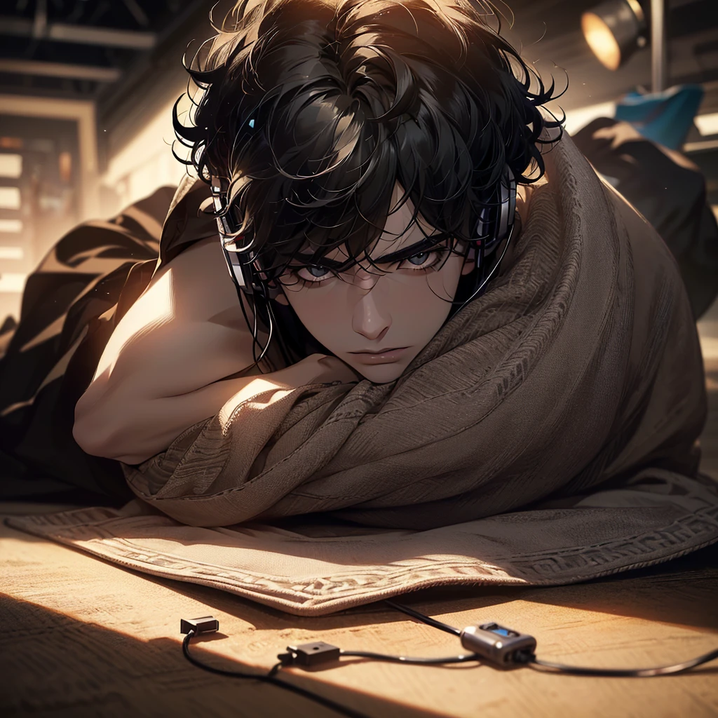 (best quality, 4k, 8k, high resolution, masterpiece: 1.2), ultra detailed, (realistic, photorealistic, photorealistic: 1.37), cinematic lighting, hdr image 1:4, a black man, 22 years old, very handsome, look gloomy, black eyes, black afro hair, sitting on the floor listening to music, headphones