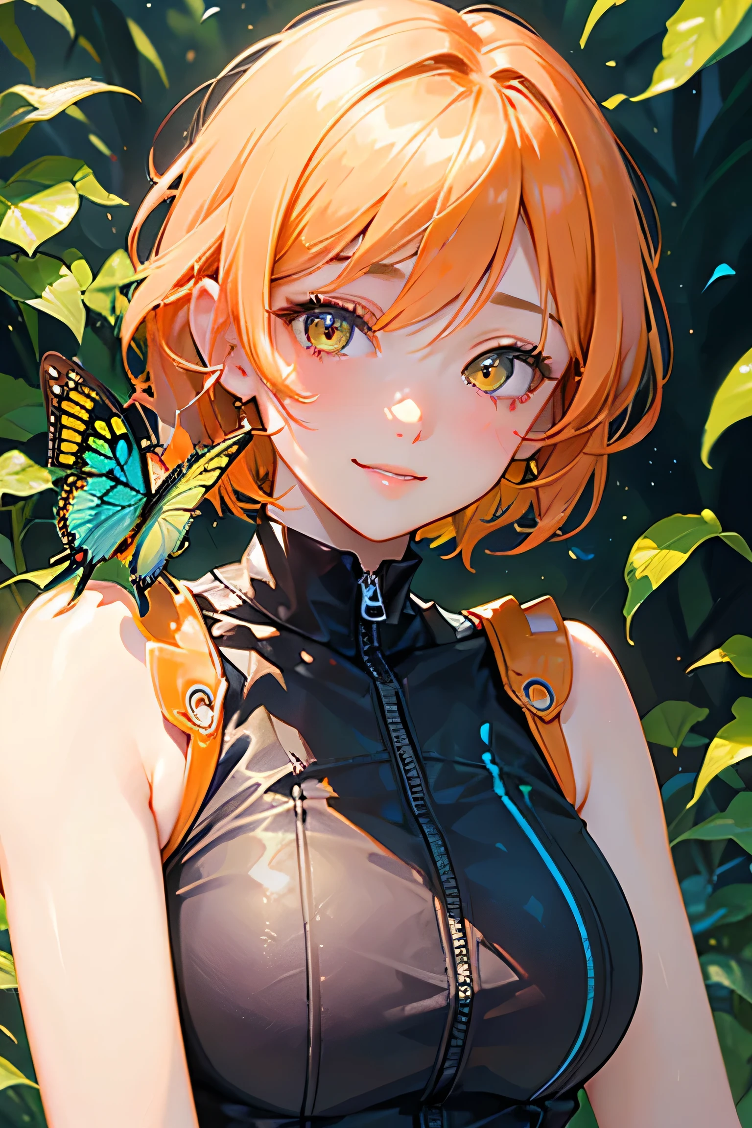 Beautiful adult woman、((Orange short hair))(Yellow Eyes))、Strong smile、Face close-up、A blue swallowtail butterfly lands on my shoulder、wilderness
