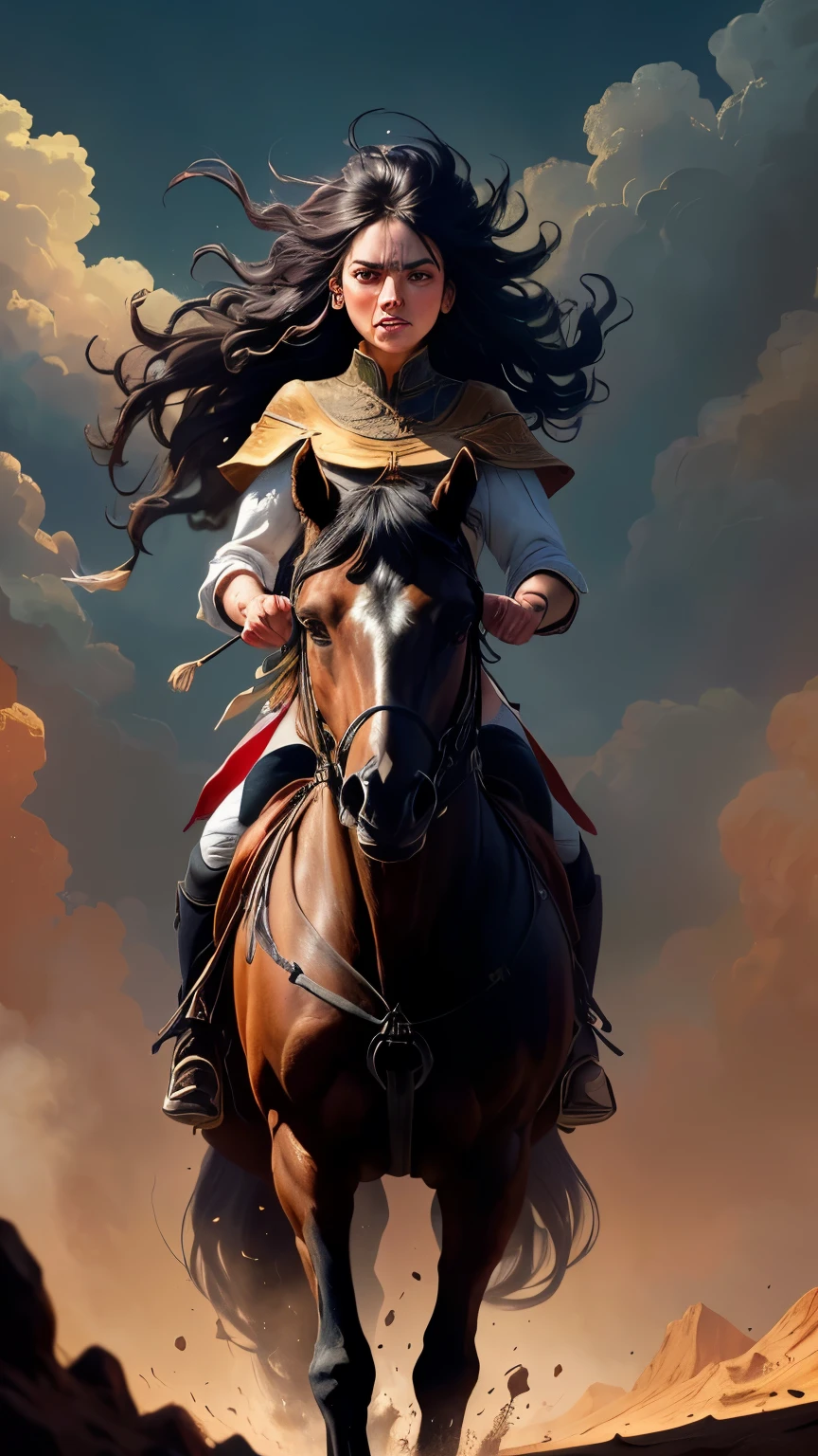 ((best quality)), ((masterpiece)), (detailed), A digital illustration of an injured young woman riding a dark black horse in the desert with a furious expression on her face, dressed in traditional warrior attire with long black hair flowing in the wind. the background is dark and stormy