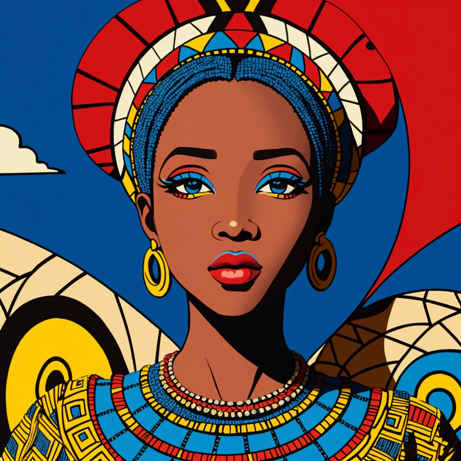 a blue sky with few clouds in African pop art style