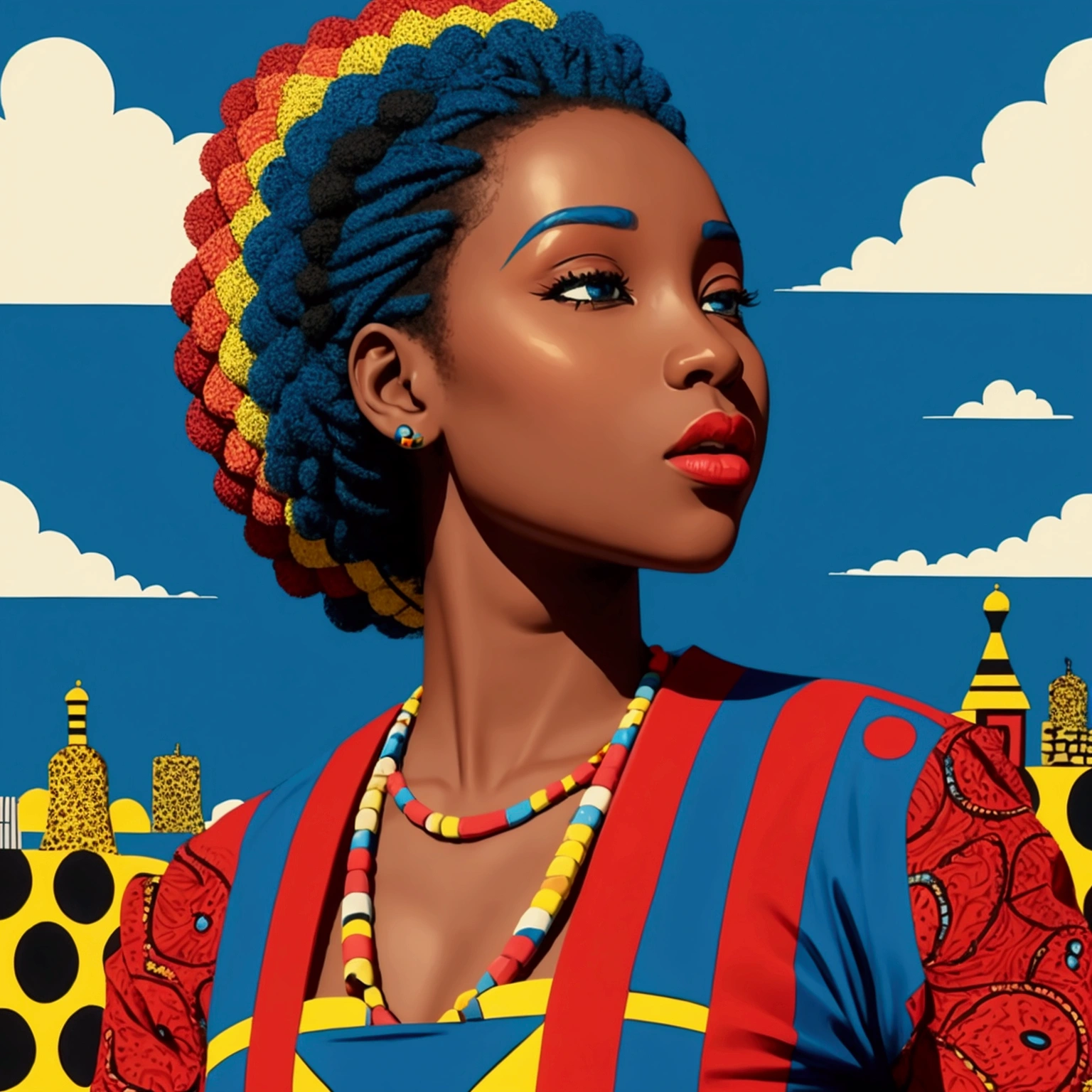 a blue sky with few clouds in African pop art style