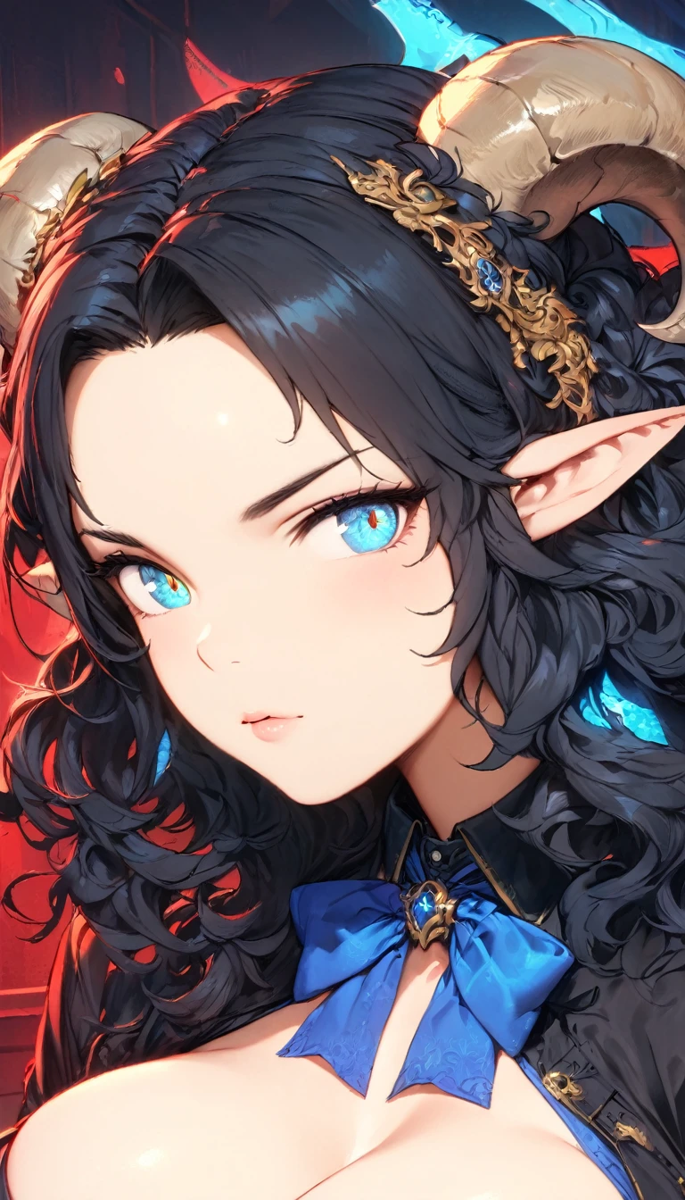 best quality,4k,8k,highres,masterpiece:1.2),ultra-detailed, extremely detailed eyes, extremely detailed body, (large masterpiece digital art), (detailed manga illustration), (detailed line art), ((perfect anatomy)), (intricate details:1.3), (ultra-detailed:1.3), (illustration:1.3), (sharp focus:1.3), (natural lighting:1.05), (vivid colors:1.3), (masterpiece), (best quality:1.4), (perfect anatomy:1.4), high quality, expressive eyes, full body, detailed face, beautiful face, perfect face, 1 girl, large breasts, very long hair, black hair, curly hair, wild hair, detailed hair, ((business suit)), blue bowtie, black pants, pale skin, sapphire-blue eyes, demon, blue halo, sheep horns, curled horns, (horizontal pupils), sultry face, pointy ears, splash art, the demon girl, curvy, sitting in an office chair at a desk with feet on desk, black high heels, cinematic lighting, dramatic atmosphere, Atey Ghailan, Jeremy Mann, Greg Manchess, Antonio Moro, trend in ArtStation, trend in CGSociety, Intricate, High Detail, Sharp focus, dramatic and photorealistic painting art by Midjourney and Greg Rutkowski, Jeff Bridges, ((cartoon style)), Marvel Cinematic Universe style, (((darkly lit office in the background))),