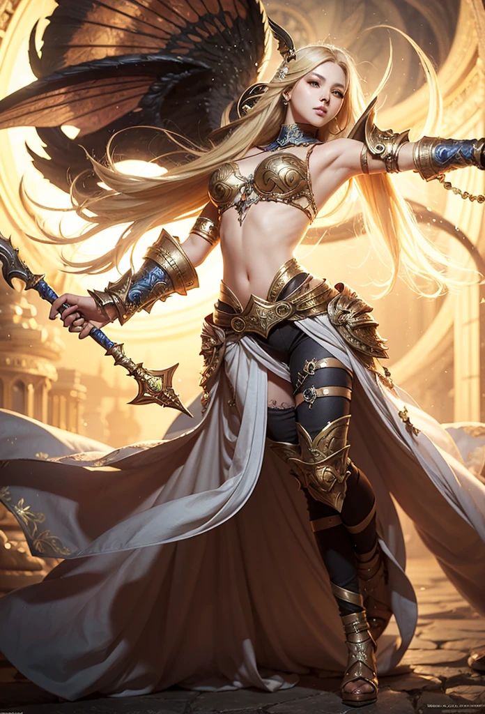 epic fantasy art style hd, high quality fantasy art, beautiful celestial mage, detailed fantasy art, korean girl with blonde hair, full body image