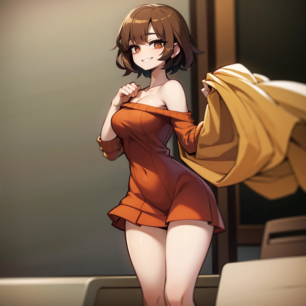 Make a single girl with short brown hair, Brown eyes, that measures 1.70, that is smiling, medium breasts, medium rear, of clothes a big orange sweater with a short skirt