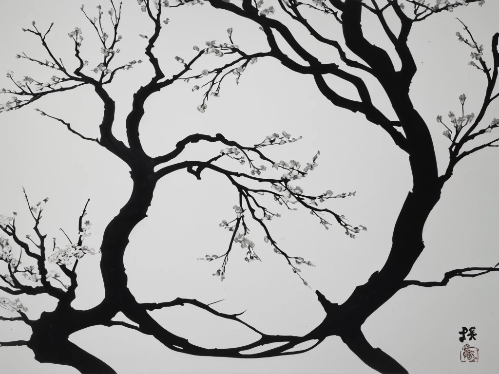 Penmanship,one black cerry blossom big fat tree,monochrome,old painting,white background,very far away,center