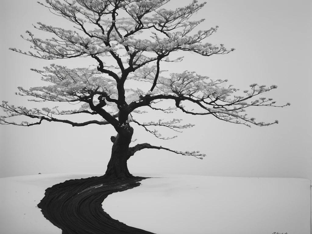 Penmanship,one black cerry blossom big fat tree,monochrome,old painting,white background,very far away,center