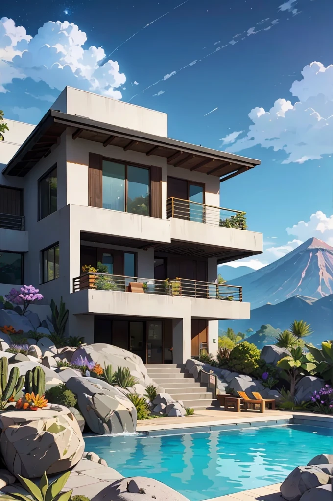 small and beautiful modern house in top of big boulders, terraces, pool, stairs, multiple cacti gardens, palms, trees, rocks, beautiful landscape design, mountains and volcano y background, amazing clouds, sun, moon, planets, milky way galaxy, concrete, wood, glass and steel materials, olive green, violet, orange and withe colors in facade