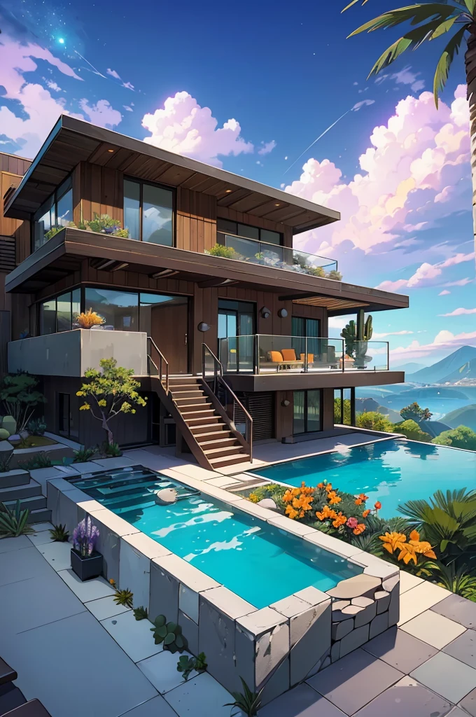 small and beautiful modern house in top of big boulders, terraces, pool, stairs, multiple cacti gardens, palms, trees, rocks, beautiful landscape design, mountains and volcano y background, amazing clouds, sun, moon, planets, milky way galaxy, concrete, wood, glass and steel materials, olive green, violet, orange and withe colors in facade