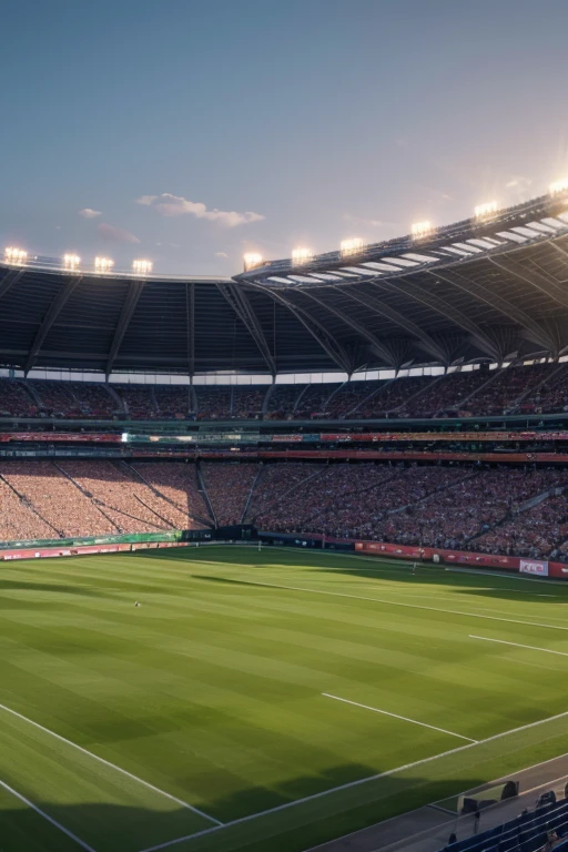 football field with flags and fans, green flags, panoramic, stadium, stands, 8k, ultra realistic