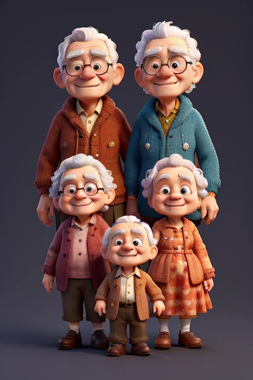 several happy little elderly people solid color background