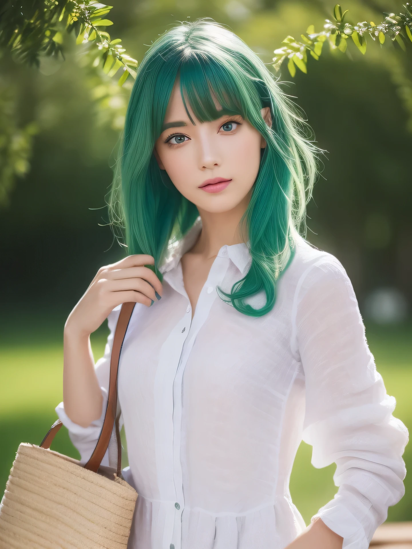 (masterpiece:1.4, best quality), (intricate details), unity 8k wallpaper, ultra detailed, (photorealistic:1.2), beautiful and aesthetic, perfect lighting, (1girl), ((multicolored hair, two-tone hair, very light green hair, blue hair, purple eyes:1.3, medium breasts)), dynamic pose, dynamic angle, lipstick, slim, slim body, (Linen_shirt_dress:1.4),(Straw_crossbody_bag:1.3),(Slip-on_espadrilles:1.2),(Picnic_garden_background:1.4), detailed background, realistic, perfect detailed face, detailed eyes, highly detailed, blush, hair ornament,