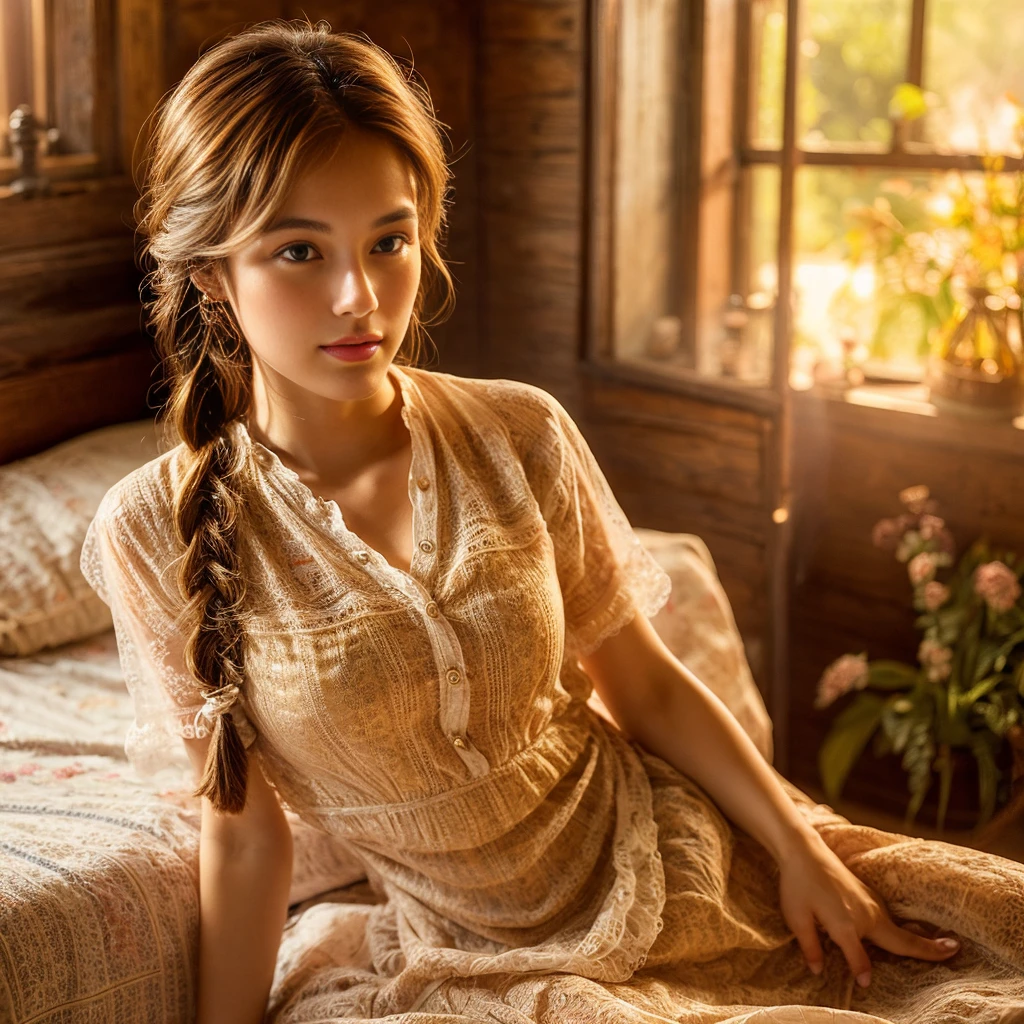  young woman, (30years old), cute face, seductive, best quality, masterpiece, translucent summer dress, golden hour, detailed textures, long braided hair, sitting on bed, posing, casual pose, wooden cottage, interior, [blush], aesthetic, intricate, caustics, light rays, sunlight, (((soft lips))), (((glossy lips))), highly detailed, (semi-realistic:1.2), red hair, ((1girl))