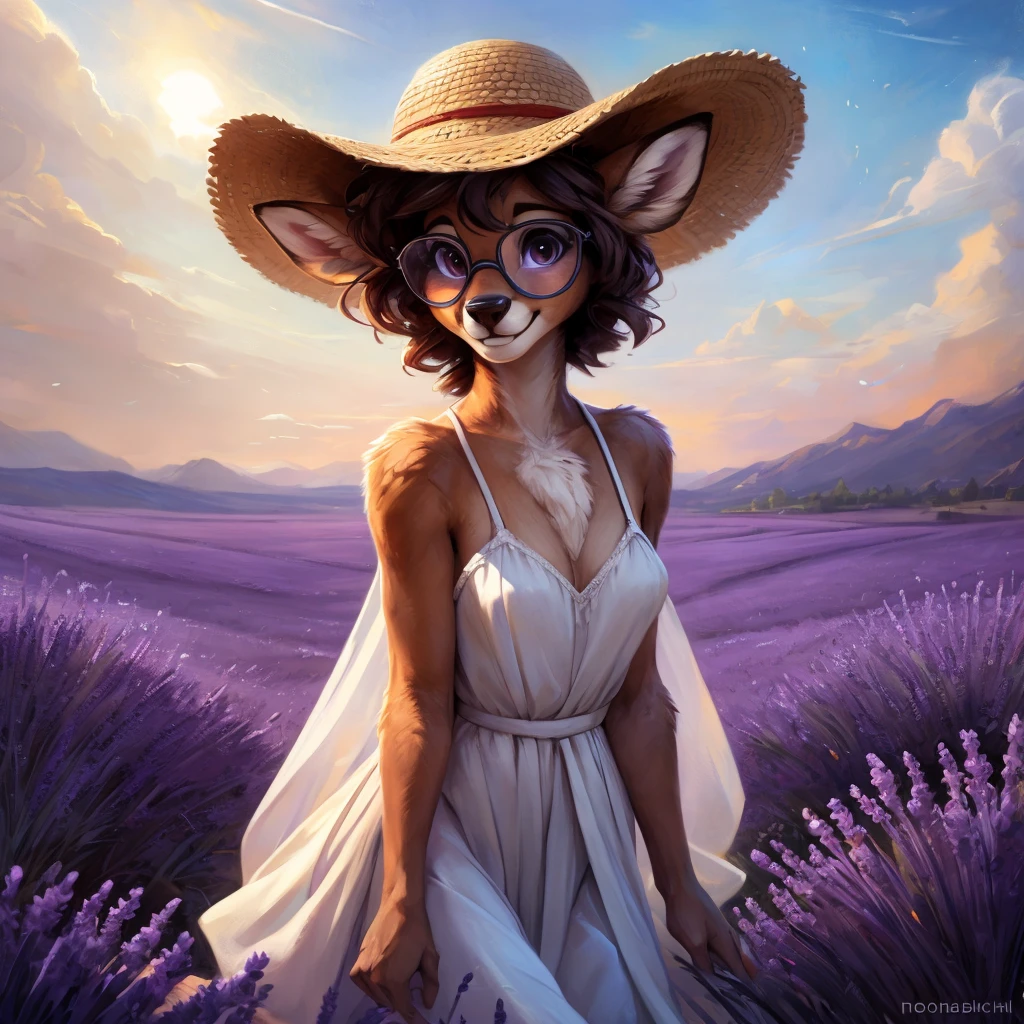 uploaded on e621, artstation, by Pixelsketcher, by Bayard Wu, by Thomas Benjamin Kennington , by Einshelm, by hioshiru and kenket, Chunie, portrait, solo anthro female deer doe, with small featureless breasts, clear dark blue, cinematic lighting, day, sunny day, lavender field, stays in a lavender field, lavender field background, mediterranean background, horizon background, shiny, short curly dark brown hair, wears big black nerd glasses, very very beautiful furry art, furry art, smiling, joyful, shiny, happy, feminine, cute face, muzzle, fluffy chest, flawless face, Fallow deer, 1girl, Sakimichan is beautiful, Masterpiece, Wavethesallow Face, shiny, Detailed image, portrait, Detailed image, portrait, full body, wearing pure white and wide spaghetti straps dress, wearing big and wide beige summer straw hat, shiny, realistic face, perfect anatomy, hourglass body, (furry body:1.1), anthropomorphic deer, looks at the viewer, small fluffy tail, detailed background, (cute anatomy:1.1), walks in a lavender field
