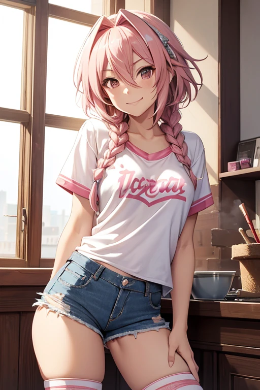 astolfo, not breasts, sexy smile, Girl, spiky pink hair, short hair, long braid, lock of white hair on left side, denim shorts, top blouse, long socks, female, park