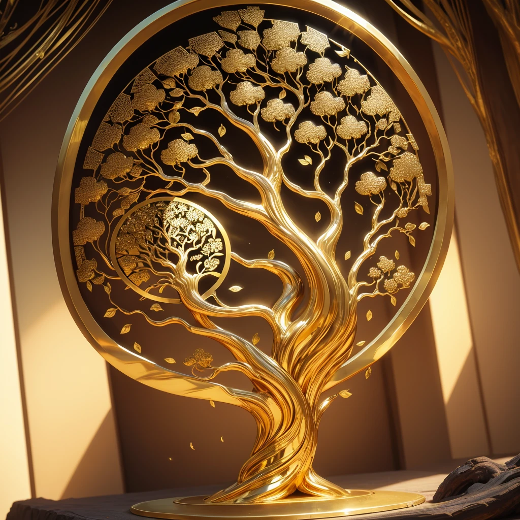 a large bodhi tree with gold leaf on a white background, golden bodhi tree, tree of Life seed of doubt, the tree of Life, sculpture made of gold, collective civilization tree, rooted lineage, gold foil art, World Tree, gilded with gold, gold leaf painting, A beautiful tree