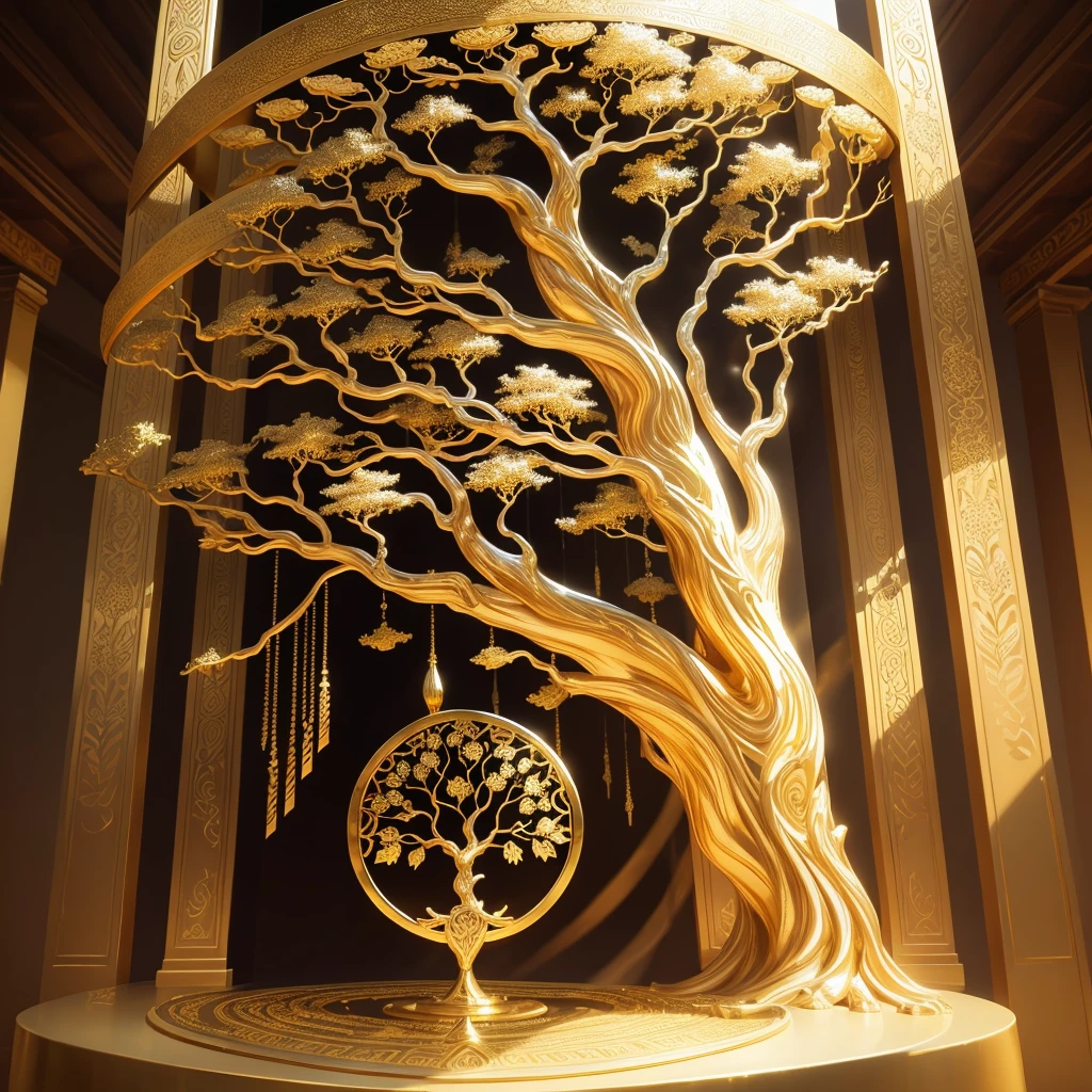 a large bodhi tree with gold leaf on a white background, golden bodhi tree, tree of Life seed of doubt, the tree of Life, sculpture made of gold, collective civilization tree, rooted lineage, gold foil art, World Tree, gilded with gold, gold leaf painting, A beautiful tree