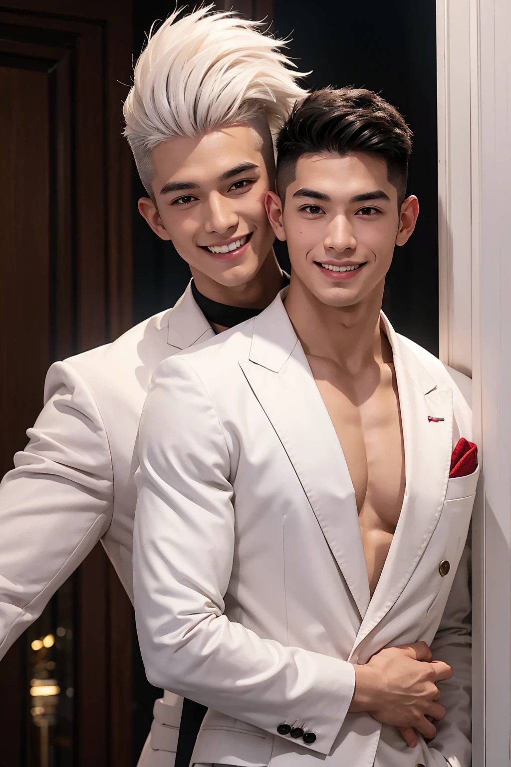 A man with black hair, pink highlights, black eyes, a handsome face, Full chest muscles, Buzz cut，Stylish short hair，a mischievous smile, eyebrow piercing, nose piercing, wearing a Spider-Man costume. Face looks like a Chinese man A little muscular sexy poses and hugged the neck of a tall man with white hair, red eyes, and a mischievous smile. Wear a white suit and have long hair. His face was handsome, tall, muscular, and smiling. He held a katana.