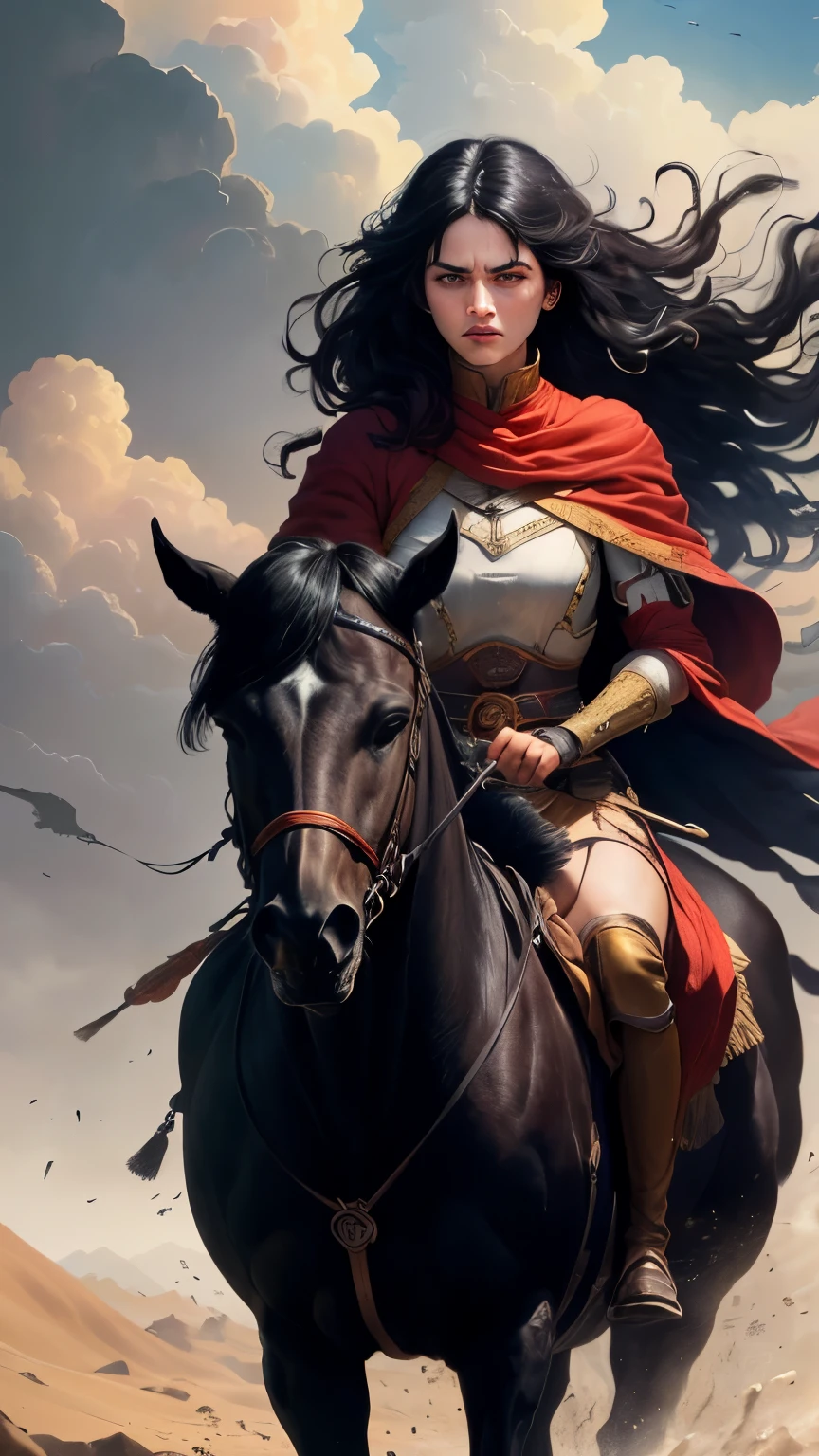 ((best quality)), ((masterpiece)), (detailed), A digital illustration of an injured young woman riding a dark black horse in the desert with a furious expression on her face, dressed in traditional warrior attire with long black hair flowing in the wind. the background is dark and stormy