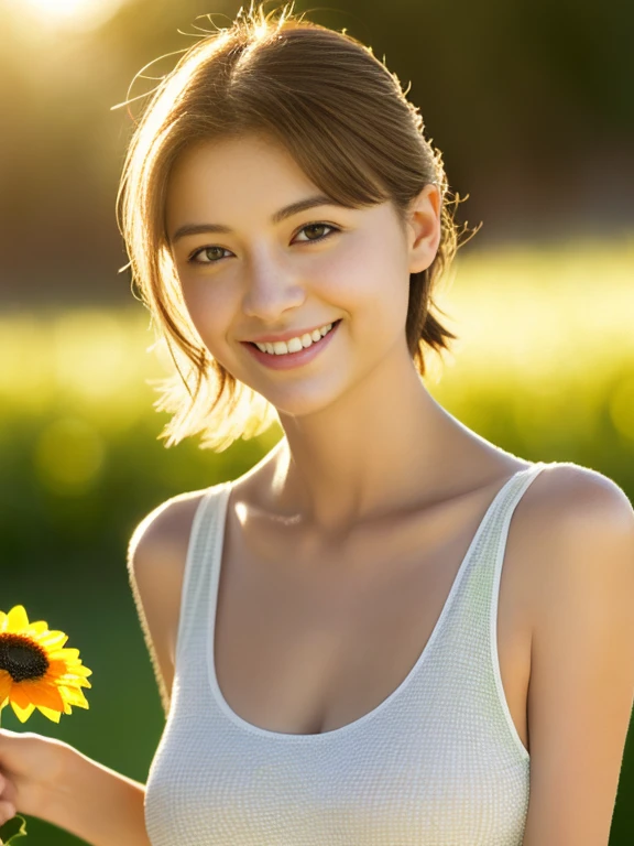 Highest image quality, outstanding details, ultra-high resolution, anatomically correct, textured skin, (realism: 1.4), ((close up:0.75)), 1 Japanese lady, beautiful and a delicate face, perfect proportion, (stand up straight, chubby:0.3, small breasts), smile, brown hair, low ponytail, short hair, tareme, pupils sparkling, looking at viewer, (Clothing material: Thin, smooth fabric, gradient color from white to navy blue), (wearing White sleeveless beautiful dress, holding a sunflower ), (background green forest) depth of field, backlighting, cinematic lighting, reflection light, wide shot, atmospheric perspective, Wide-Angle, f/1.2, UHD,