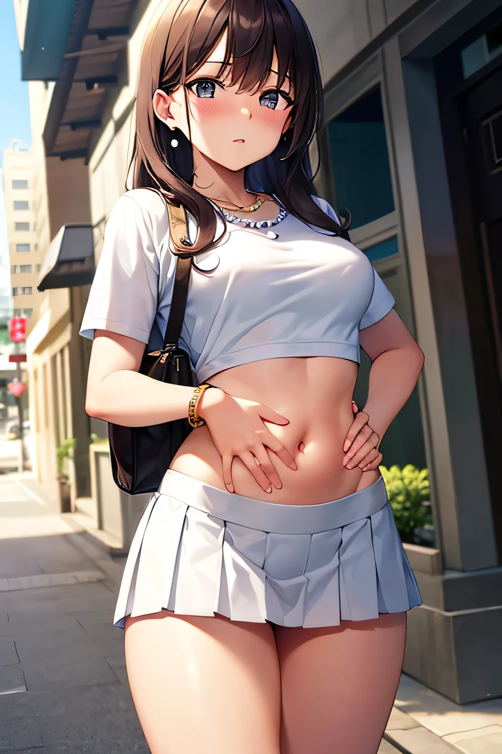 ((best quality)), ((masterpiece)), (detailed), (((perfect face))), ((slender  girl)), (((wearing dark blue pleated skirt))), ((((topless))), (((small medium breasts))), (((bare shoulders))), (((bare stomach))), (((bare arms))), ((brunette)), ((ponytail)), (((shy:1.3))) ((blushing:1.5)), ((skinny thighs)), ((skinny hips)), (((walking through carpark))), (((girl looking away))), ((trees)), (((giant brick building)))