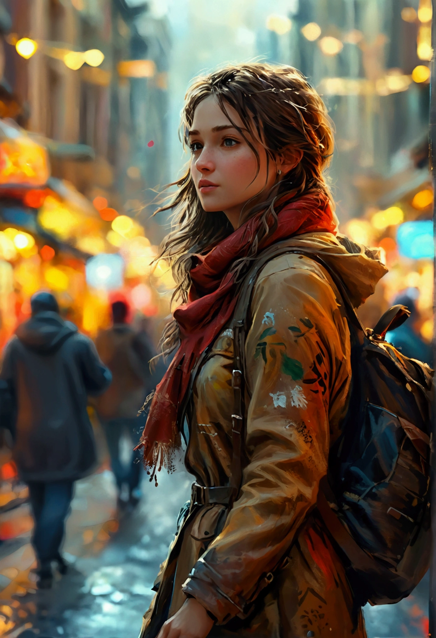 A female messenger, hand-painted, on her way to deliver the message, on the streets of the city, highly detailed, 4k, masterpiece