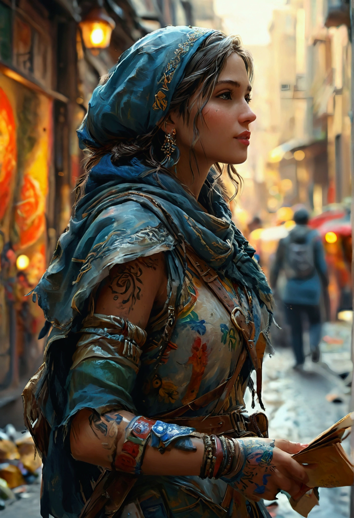 A female messenger, hand-painted, on her way to deliver the message, on the streets of the city, highly detailed, 4k, masterpiece