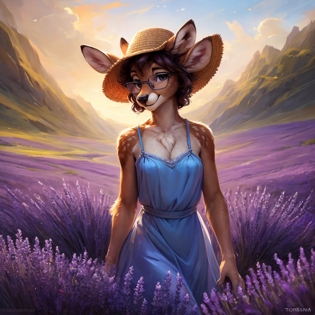 uploaded on e621, artstation, by Pixelsketcher, by Bayard Wu, by Thomas Benjamin Kennington , by Einshelm, by hioshiru and kenket, Chunie, portrait, solo anthro female deer doe, with small featureless breasts, clear dark blue, cinematic lighting, day, sunny day, lavender field, stays in a lavender field, lavender field background, mediterranean background, horizon background, shiny, short curly dark brown hair, wears big black nerd glasses, very very beautiful furry art, furry art, smiling, joyful, shiny, happy, feminine, cute face, muzzle, fluffy chest, flawless face, Fallow deer, 1girl, Sakimichan is beautiful, Masterpiece, Wavethesallow Face, shiny, Detailed image, portrait, Detailed image, portrait, full body, wearing pure white and wide spaghetti straps dress, wearing big and wide beige summer straw hat, shiny, realistic face, perfect anatomy, hourglass body, (furry body:1.1), anthropomorphic deer, looks at the viewer, small fluffy tail, detailed background, (cute anatomy:1.1), walks in a lavender field