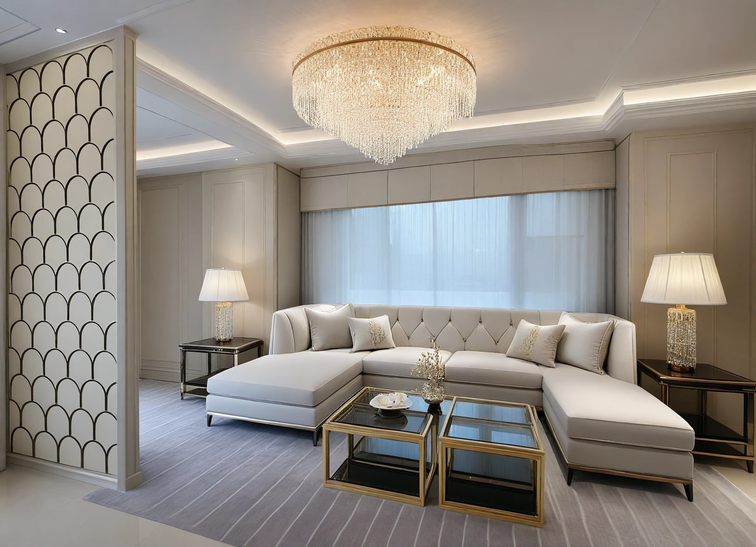 ，Masterpiece, Best quality，8K, Ultra-high resolution，When you step into the living room，Immediately surrounded by a rich atmosphere of luxury。Ornate crystal chandeliers hang high on the wall，Shine brightly。The sofa was covered with a soft white fluffy blanket，It is so comfortable，So much so that you can't help but indulge in it。In the corner of the living room is a delicate coffee table，Embellished with precious porcelain and champagne gold ornaments。Whenever it is late afternoon，The afterglow from the window spilled on the floor，Soft light and shadow are reflected，It was as if entering a dreamland。