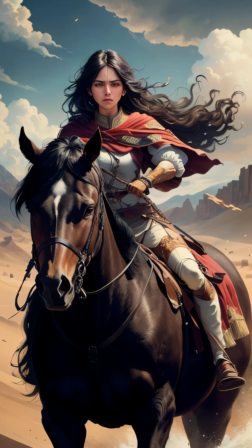 ((best quality)), ((masterpiece)), (detailed), A digital illustration of an injured young woman riding a dark black horse in the desert with a furious expression on her face, dressed in traditional warrior attire with long black hair flowing in the wind. the background is dark and stormy