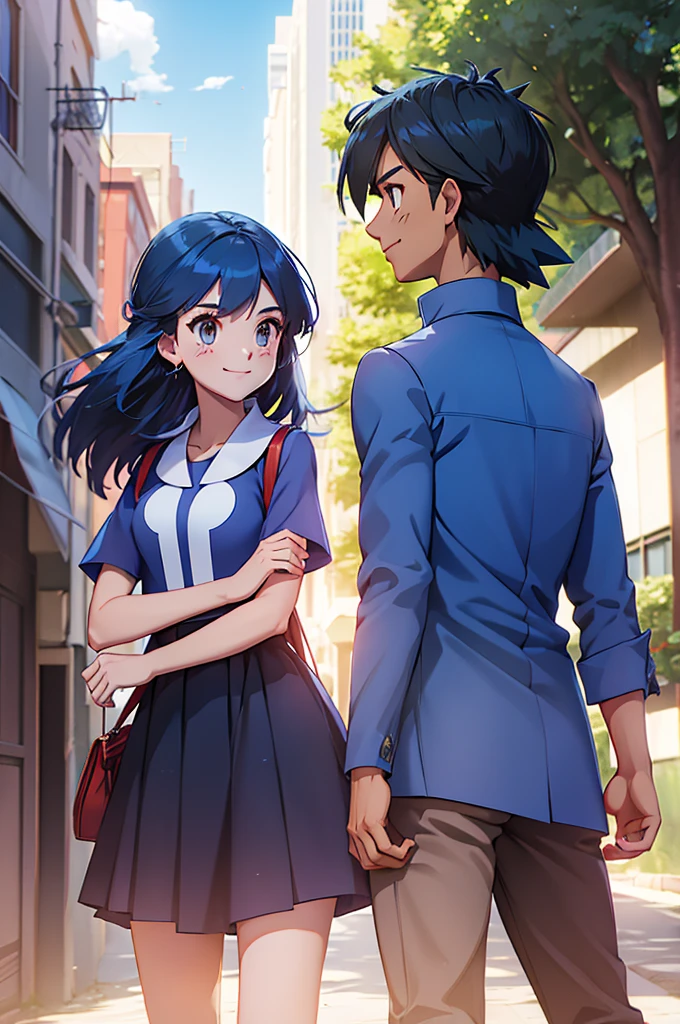 good quality,duo, 1 girl (dawn, by the wide ,blue hair,blue eyes,dress ) 1 man (Ketchum ash, black fur,Brown eyes,shirt), couple,smiling,pokemon,city