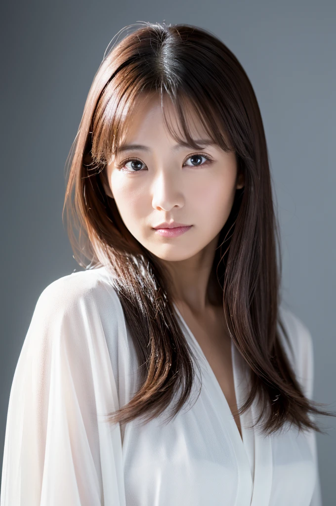(Highest quality、8k、32K、masterpiece)Are standing Japanese women 40-year-old woman Expressionless Semi-long hair White background