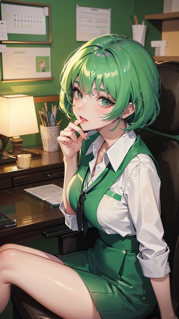 a beautiful young female student with vibrant green hair, sitting in an office setting, in a cute and cheerful pose, short stylish green hair, detailed half-body portrait, elegant office attire, photorealistic, highly detailed, 8k, masterpiece, dynamic lighting, warm color tones, cinematic composition