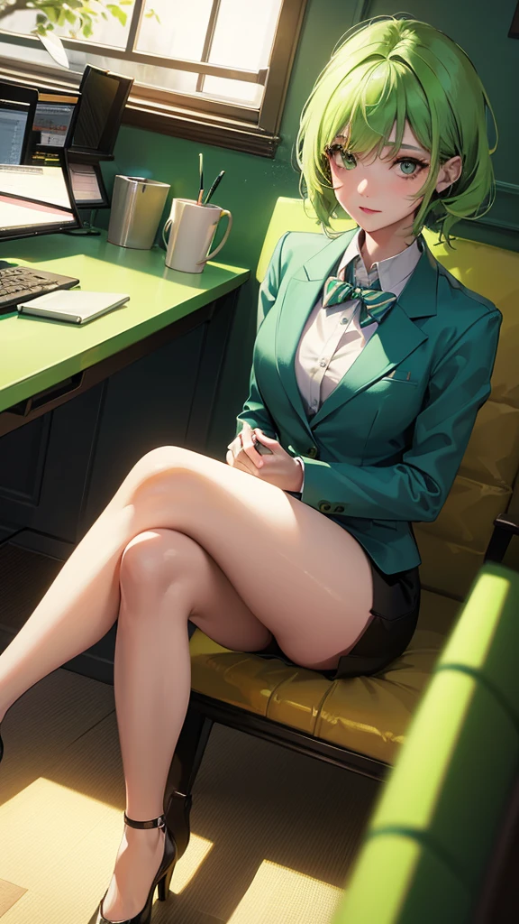 a beautiful young female student with vibrant green hair, sitting in an office setting, in a cute and cheerful pose, short stylish green hair, detailed half-body portrait, elegant office attire, photorealistic, highly detailed, 8k, masterpiece, dynamic lighting, warm color tones, cinematic composition