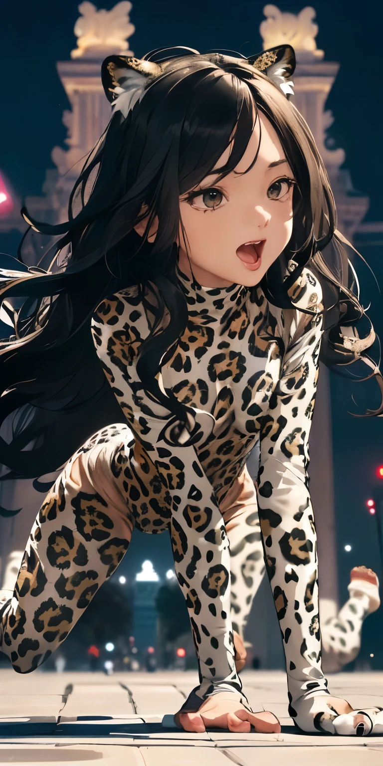 (Open mouth and climax face)Hip Up Zoom((10 year old girl with long black wavy hair))Realistically、(Keep your head low、Get on all fours with your butt sticking out、)Emphasize the tail、Open and sexy look、Accentuate your cleavage、(((Wearing a white leopard print bodysuit)))、Various sexy poses、background (Arc de Triomphe at night)