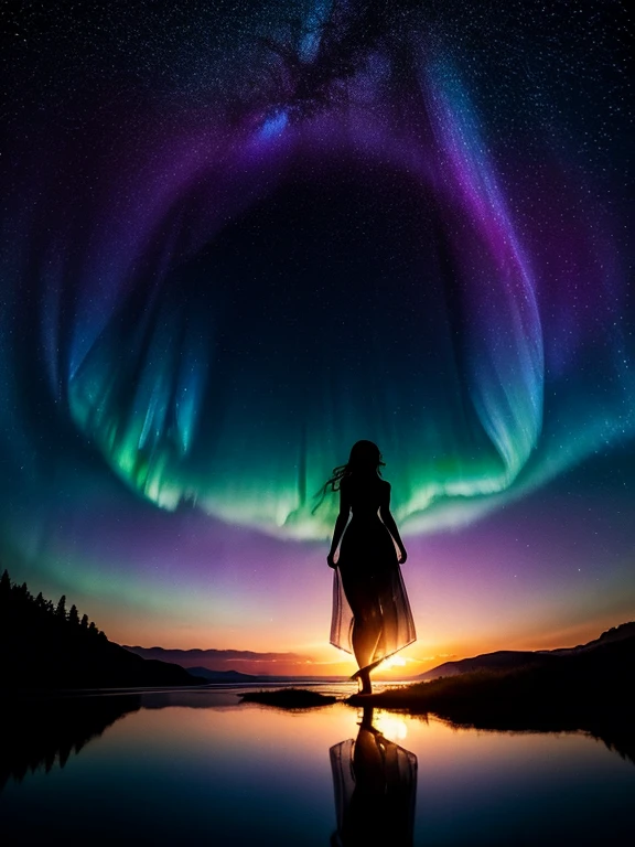 (The woman's body is so transparent that you can see through to the other side), shadow art, fusion art, silhouette art, masterpiece, woman’s shadow reflected on transparent dress, evening sunset, bright starry sky, light leaks, Sunset reflected on the water surface, scene of a sunset with stars and planets, Waveless lake, floating, Aurora,