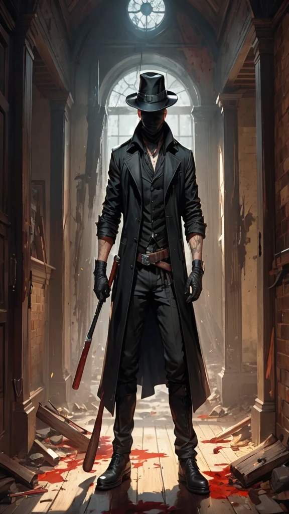 a man in a black coat and hat holding a baseball bat, by Aleksander Gine, style of raymond swanland, mysterious man, artgerm and ilya kushinov, artgerm greg rutkowski _ greg, portrait of a bloodborne hunter, by Yang J, artgerm and grek rutkowski, by Harrington Mann, menacing look