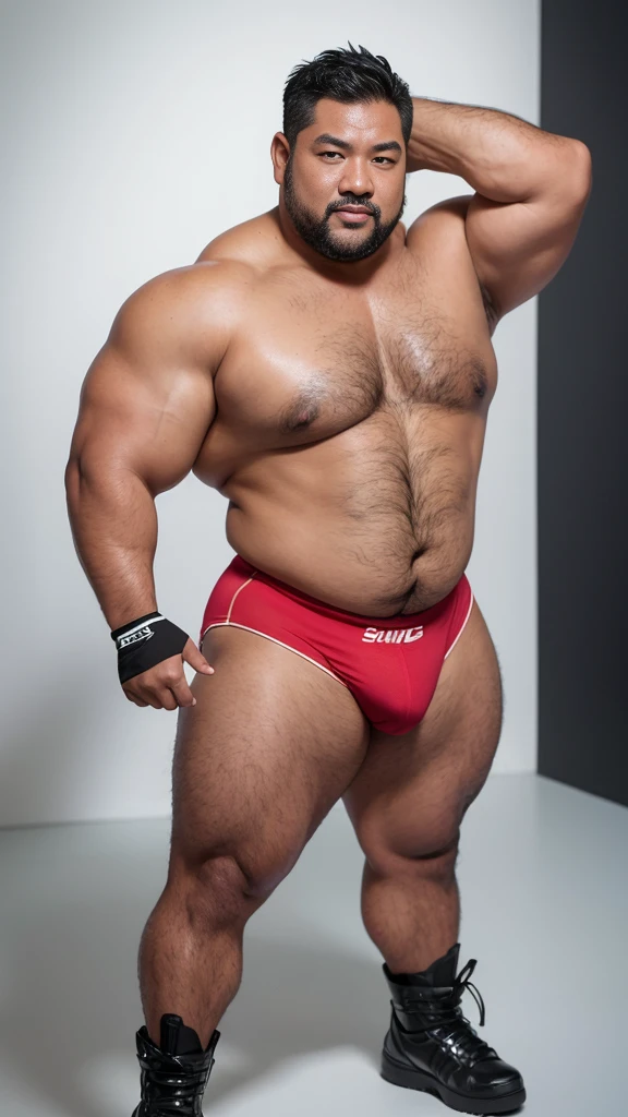 black hair, middle-aged man, individual, male, Muscular wrestler, muscular, Stout wrestler, Asian, Japanese, uncle, 55 year old middle-aged man, short hair, short hair, red wrestling boots, full body portrait, shadow, Vision, red briefs, obesity, 45 years old, short beard, middle-aged man, tattoo, fingerless gloves, Wheat skin, shiny skin, dark skin, Show your pectoral muscles, sumo wrestler, bodybuilder, wide temples, Visible abdominal muscles, Smile, Fine hands, solid color background, pure white background, Surrealism, Panorama, 8k, super detail，