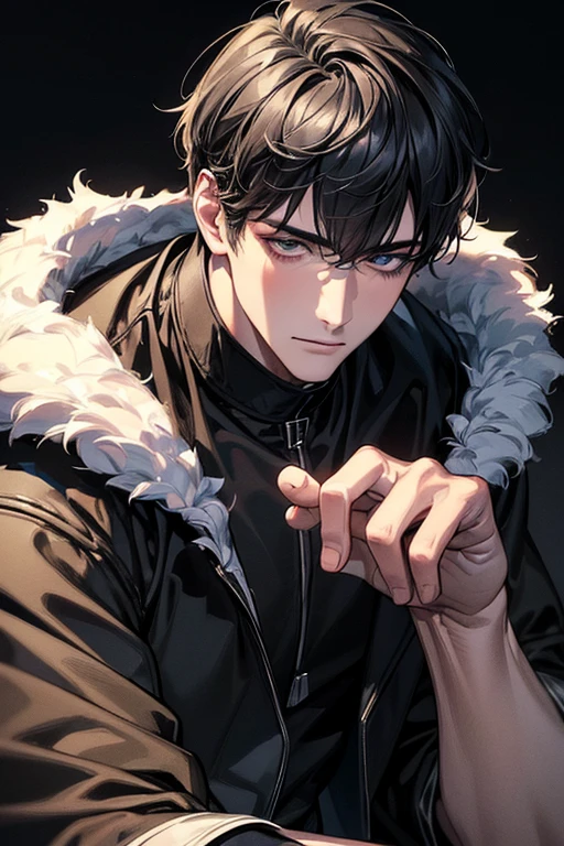 (best quality digital art digital illustration 4k high resolution beautiful image hyper-detailed image perfect lines soft lighting night environment smooth zoom perfect face) (1:1 photorealistic) (neutral colors hdr 1.4) an adult 25 year old man (thoughtful expression) very beautiful eyes deep black medium black hair modern clothes black (dark background)