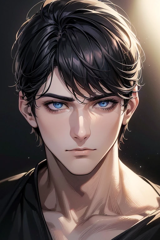 (best quality digital art digital illustration 4k high resolution beautiful image hyper-detailed image perfect lines soft lighting night environment smooth zoom perfect face) (1:1 photorealistic) (neutral colors hdr 1.4) an adult 25 year old man (thoughtful expression) very beautiful eyes deep black medium black hair modern clothes black (dark background)