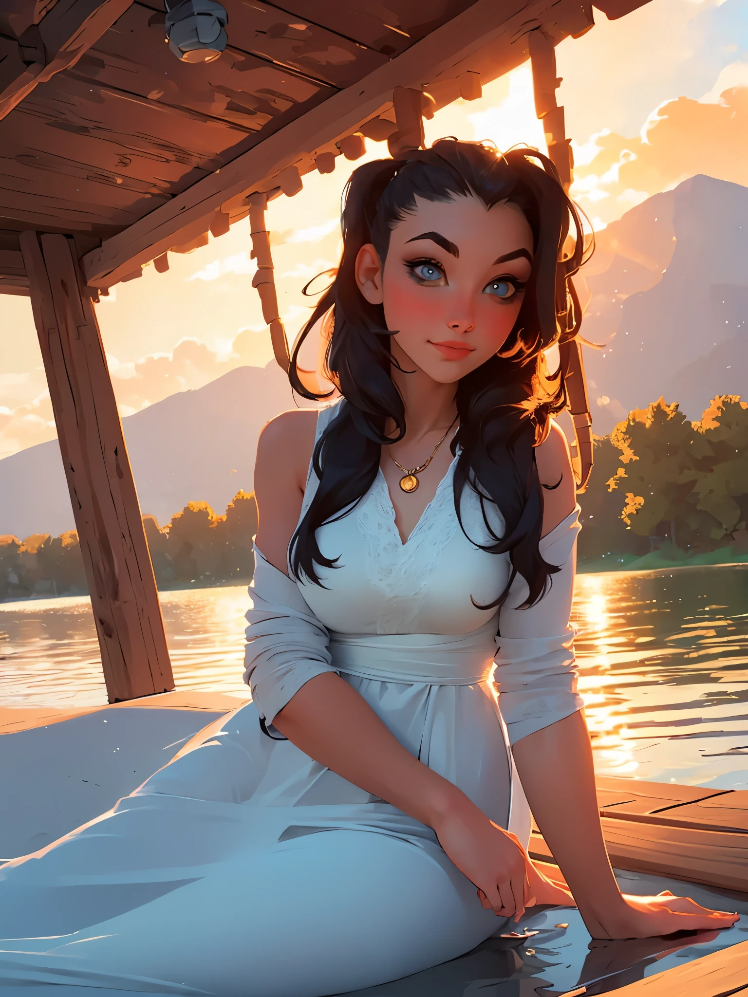 1 girl, serene expression, mesmerizing eyes, straight long hair, flowing dress, poised posture, porcelain skin, subtle blush, crystal pendant BREAK golden hour, (rim lighting):1.2, warm tones, sun flare, soft shadows, vibrant colors, painterly effect, dreamy atmosphere BREAK scenic lake, distant mountains, willow tree, calm water, reflection, sunlit clouds, peaceful ambiance, idyllic sunset, ultra detailed, official art, unity 8k wallpaper , zentangle, mandala