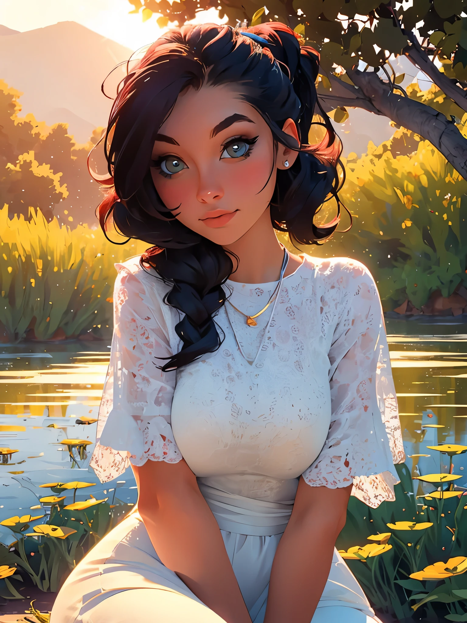 1 girl, serene expression, mesmerizing eyes, straight long hair, flowing dress, poised posture, porcelain skin, subtle blush, crystal pendant BREAK golden hour, (rim lighting):1.2, warm tones, sun flare, soft shadows, vibrant colors, painterly effect, dreamy atmosphere BREAK scenic lake, distant mountains, willow tree, calm water, reflection, sunlit clouds, peaceful ambiance, idyllic sunset, ultra detailed, official art, unity 8k wallpaper , zentangle, mandala