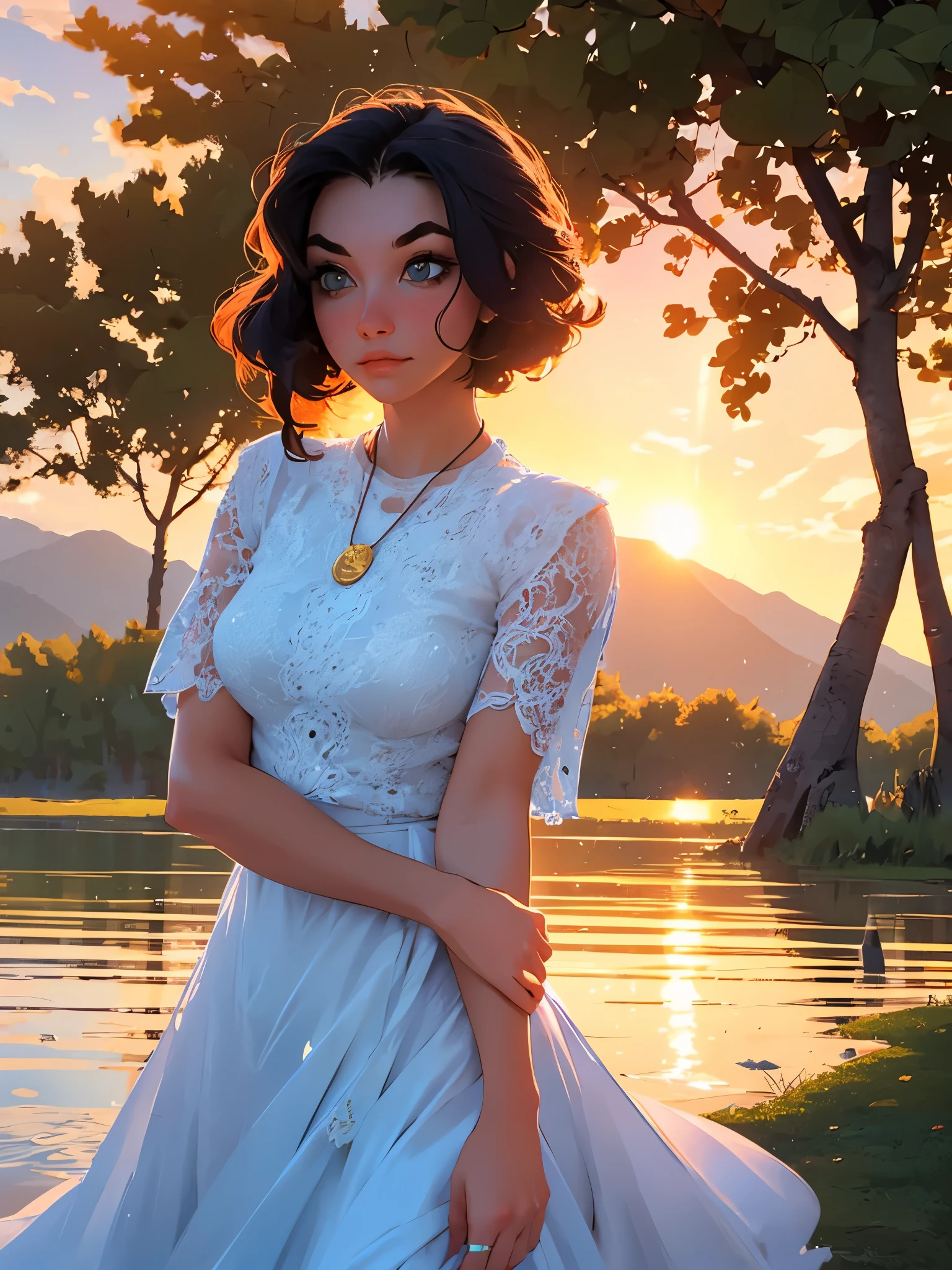 1 girl, serene expression, mesmerizing eyes, straight long hair, flowing dress, poised posture, porcelain skin, subtle blush, crystal pendant BREAK golden hour, (rim lighting):1.2, warm tones, sun flare, soft shadows, vibrant colors, painterly effect, dreamy atmosphere BREAK scenic lake, distant mountains, willow tree, calm water, reflection, sunlit clouds, peaceful ambiance, idyllic sunset, ultra detailed, official art, unity 8k wallpaper , zentangle, mandala